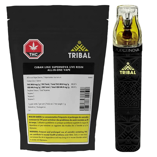 Close-up of the Cuban Linx Supernova Live Resin AIO Disposable Vape packaging, featuring bold tribal-inspired graphics on a dark background.