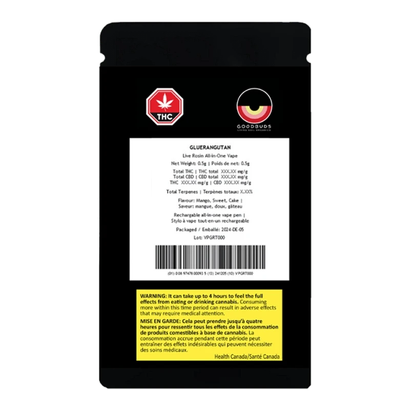 Close-up of the Gluerangutan Live Rosin All-In-One Disposable Pen packaging, displaying warning text in French and THC content.