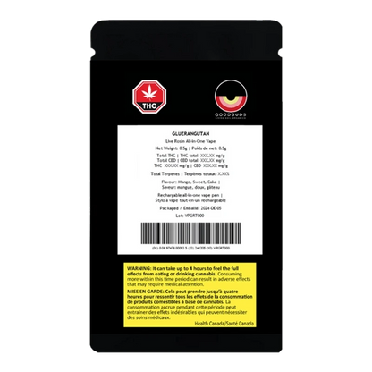 Close-up of the Gluerangutan Live Rosin All-In-One Disposable Pen packaging, displaying warning text in French and THC content.