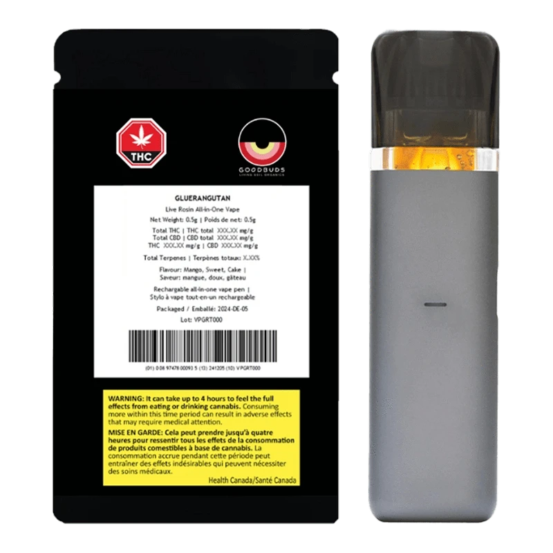 Front view of the Gluerangutan Live Rosin All-In-One Disposable Pen with packaging, highlighting THC content details on a white background.