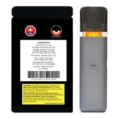 Front view of the Gluerangutan Live Rosin All-In-One Disposable Pen with packaging, highlighting THC content details on a white background.