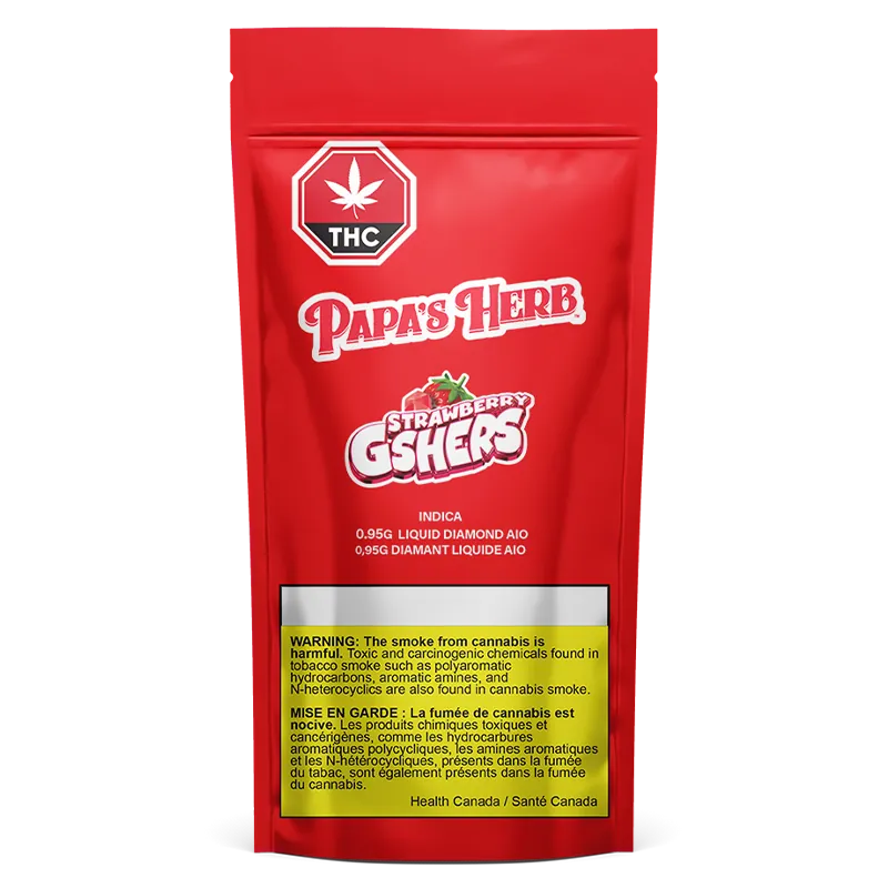 Straight-on view of the red pouch packaging for Strawberry Gshers Saucy Diamond Disposable Vape showing logos and warning box.