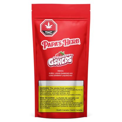 Straight-on view of the red pouch packaging for Strawberry Gshers Saucy Diamond Disposable Vape showing logos and warning box.