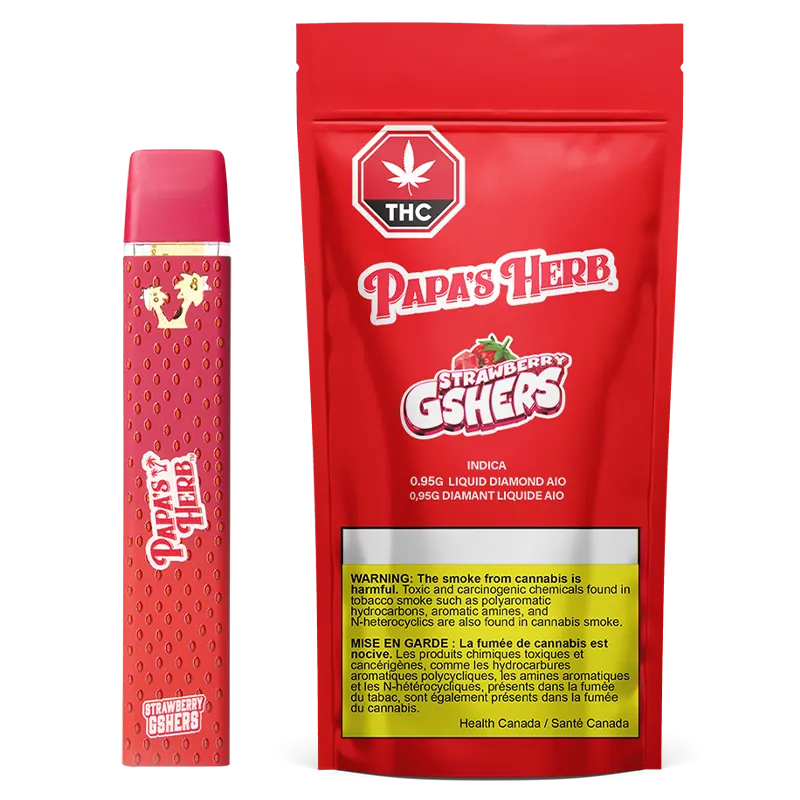 Three-quarter view of a red Strawberry Gshers Saucy Diamond Disposable Vape standing next to its matching red Papa's Herb pouch, both shown on a white background.