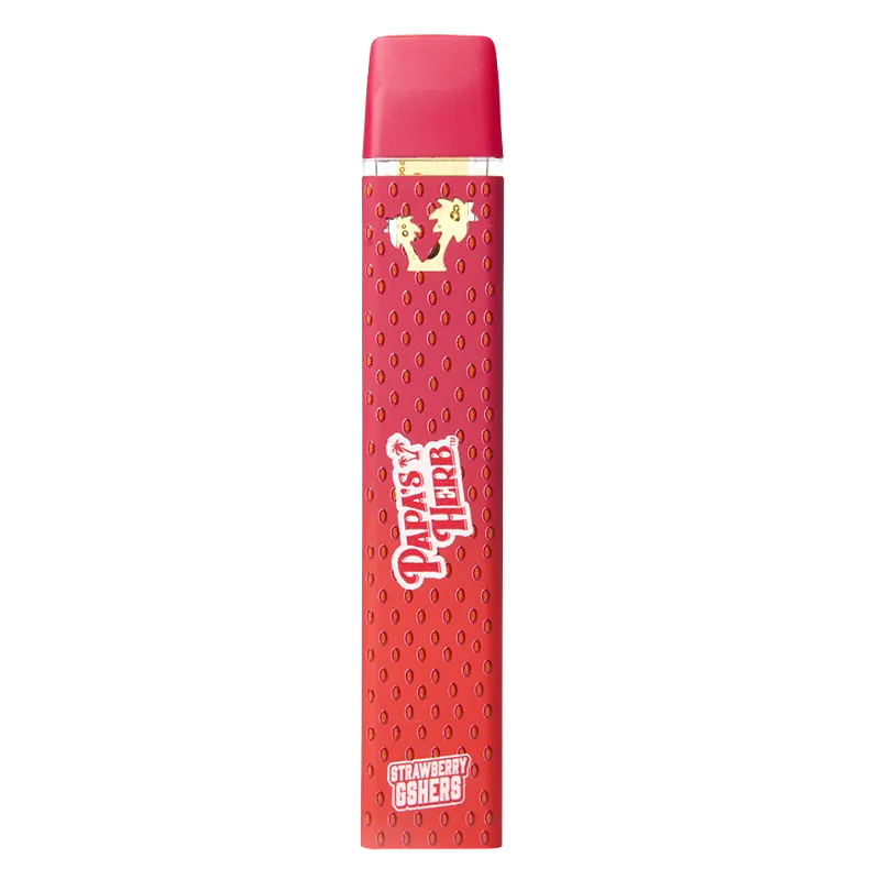 Vertical front view of the red Strawberry Gshers Saucy Diamond Disposable Vape showing seeded texture, white "Papa's Herb" logo and mouthpiece at top