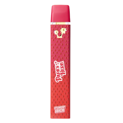 Vertical front view of the red Strawberry Gshers Saucy Diamond Disposable Vape showing seeded texture, white "Papa's Herb" logo and mouthpiece at top