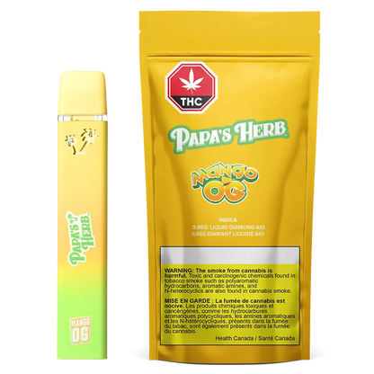 Front view of a yellow-green Mango OG Saucy Diamond Disposable Vape standing next to its bright yellow Papa's Herb branded pouch with visible THC symbol and warning text.