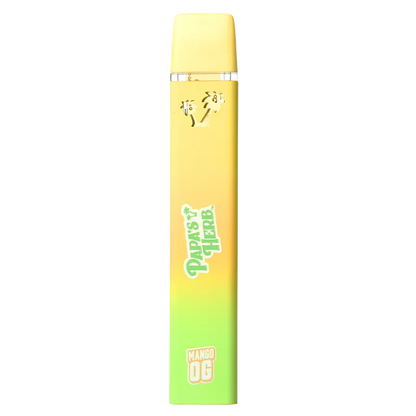 Straight-on view of a yellow-to-green gradient Mango OG Saucy Diamond Disposable Vape standing upright against a white background.