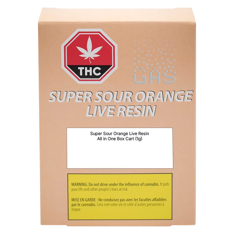 Front-facing shot of the Super Sour Orange Pure Live Resin AIO Disposable Vape box on a white background showing bold silver "SUPER SOUR ORANGE LIVE RESIN" text and a red THC emblem.