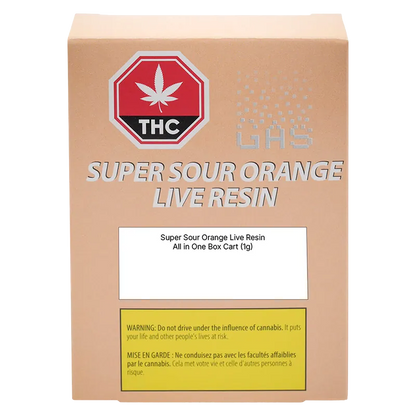 Front-facing shot of the Super Sour Orange Pure Live Resin AIO Disposable Vape box on a white background showing bold silver "SUPER SOUR ORANGE LIVE RESIN" text and a red THC emblem.