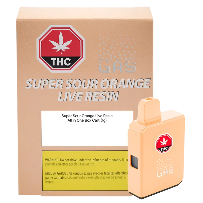 Front view of a peach-colored Super Sour Orange Pure Live Resin AIO Disposable Vape beside its matching branded box.
