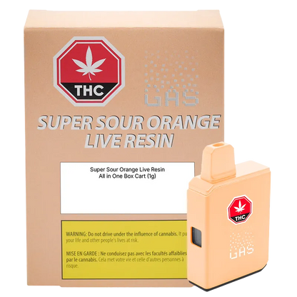 Front view of a peach-colored Super Sour Orange Pure Live Resin AIO Disposable Vape beside its matching branded box.
