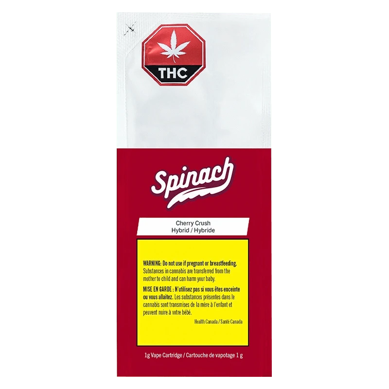 Front view of the Cherry Crush Vape Cartridge packaging against a black backdrop, displaying product details in white text.