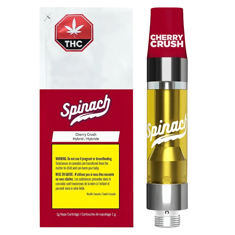 Close-up of the Cherry Crush Vape Cartridge with a white label and gold text, angled against a dark background.
