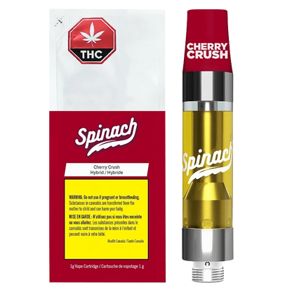 Close-up of the Cherry Crush Vape Cartridge with a white label and gold text, angled against a dark background.