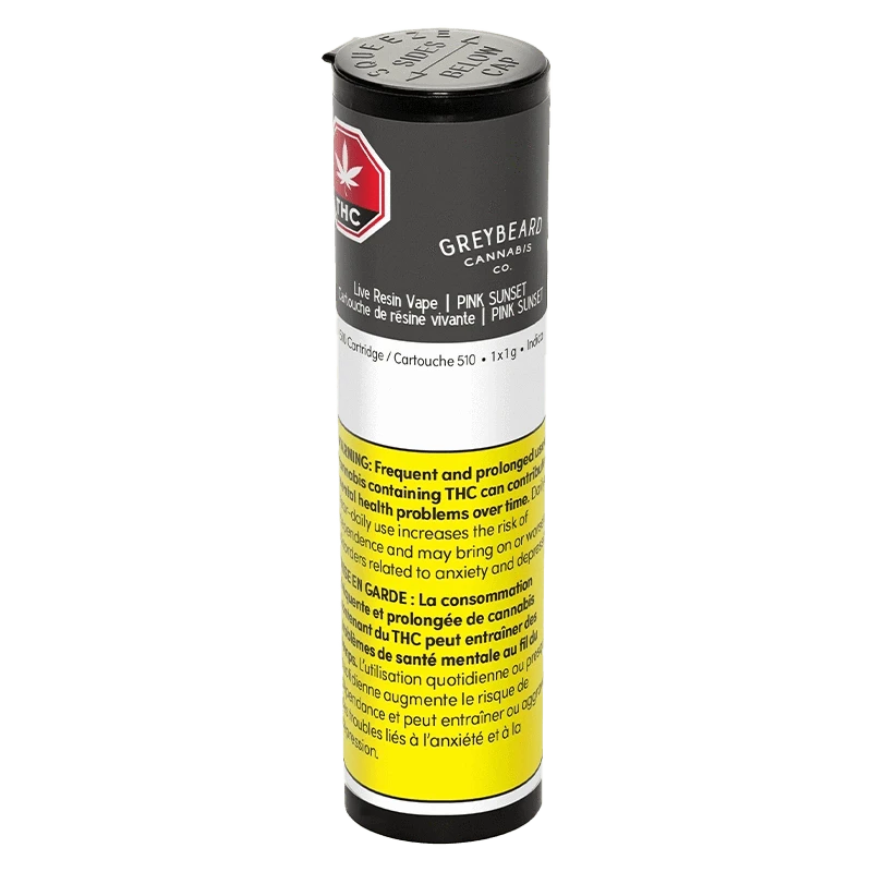 Close-up of the Pink Sunset Pure Live Resin Vape Cartridge against a dark background with branding details visible.