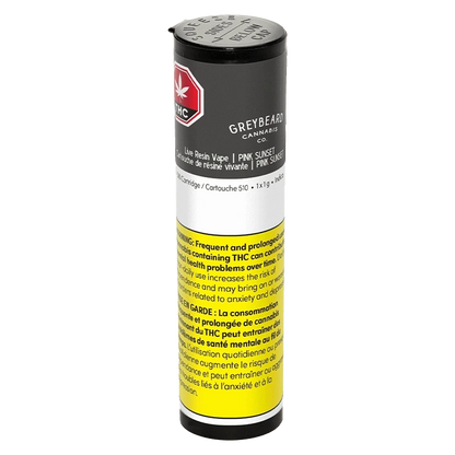 Close-up of the Pink Sunset Pure Live Resin Vape Cartridge against a dark background with branding details visible.