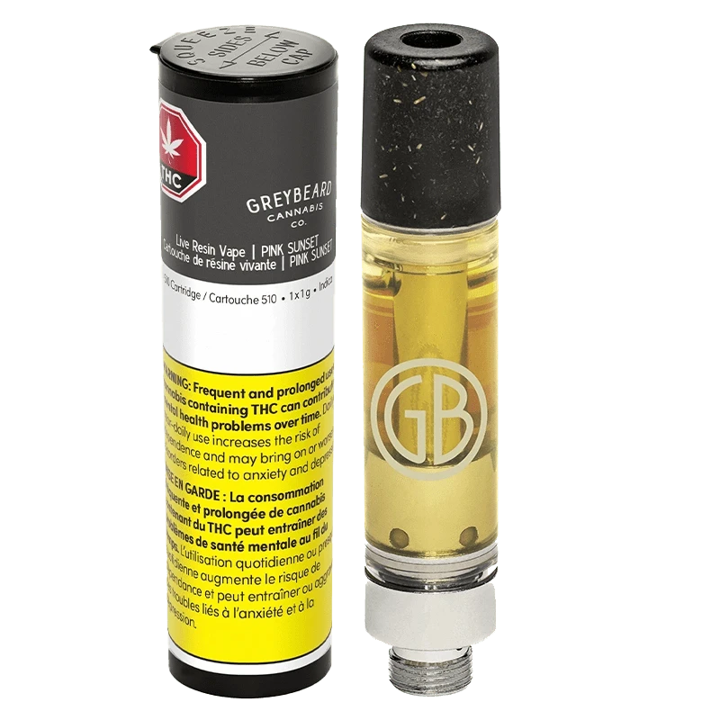 Close-up of the Pink Sunset Pure Live Resin Vape Cartridge with a metallic finish, angled against a dark, blurred background.