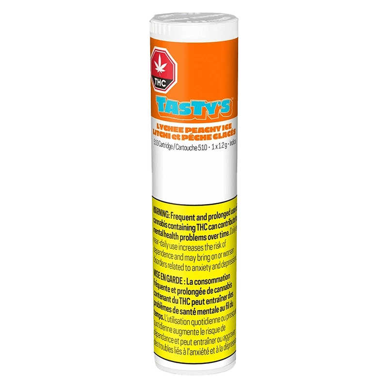 Front view of the Lychee Peachy Ice Liquid Diamond Vape Cartridge, featuring bold branding on a clear container.