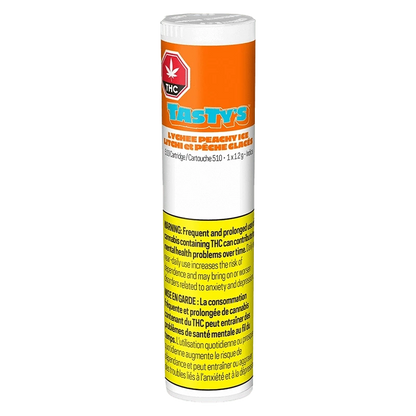 Front view of the Lychee Peachy Ice Liquid Diamond Vape Cartridge, featuring bold branding on a clear container.