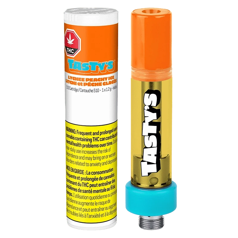 Close-up view of the Lychee Peachy Ice Liquid Diamond Vape Cartridge against a dark background with bold, branded text.