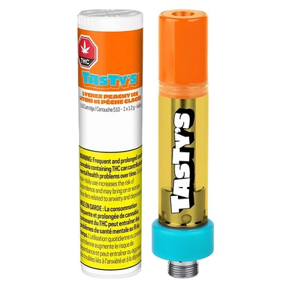 Close-up view of the Lychee Peachy Ice Liquid Diamond Vape Cartridge against a dark background with bold, branded text.