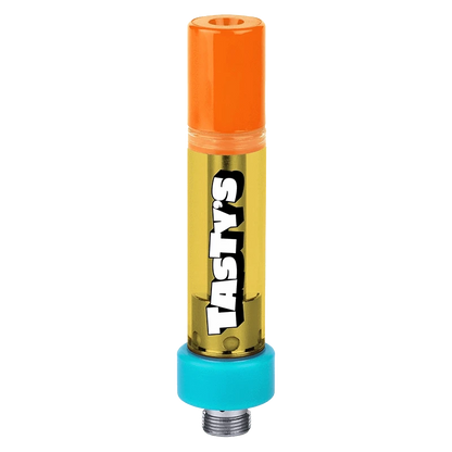 A close-up, angled view of the Lychee Peachy Ice Liquid Diamond Vape Cartridge with a metallic connector and colorful translucent body.