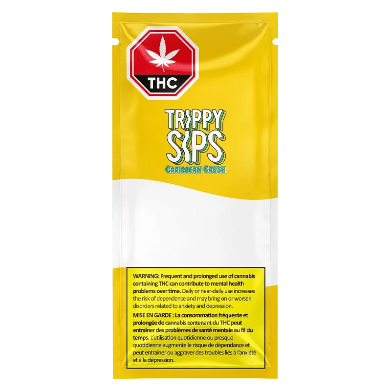 Front view of the Caribbean Crush Liquid Diamond Vape Cartridge packaging displays a warning against frequent use.