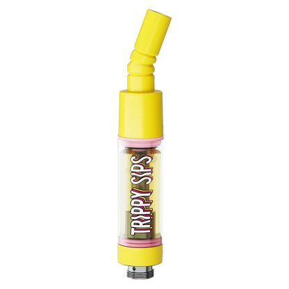 A close-up, angled view of the Kool Cherry-Liquid Diamond Vape Cartridge with a metallic connection and transparent liquid visible inside.