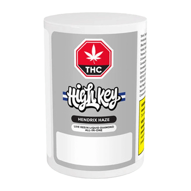 Front view of the Hendrix Haze Live Resin Liquid Diamond AIO Vape Cartridge, showing a metallic silver cartridge with branding details.