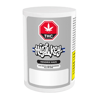 Front view of the Hendrix Haze Live Resin Liquid Diamond AIO Vape Cartridge, showing a metallic silver cartridge with branding details.