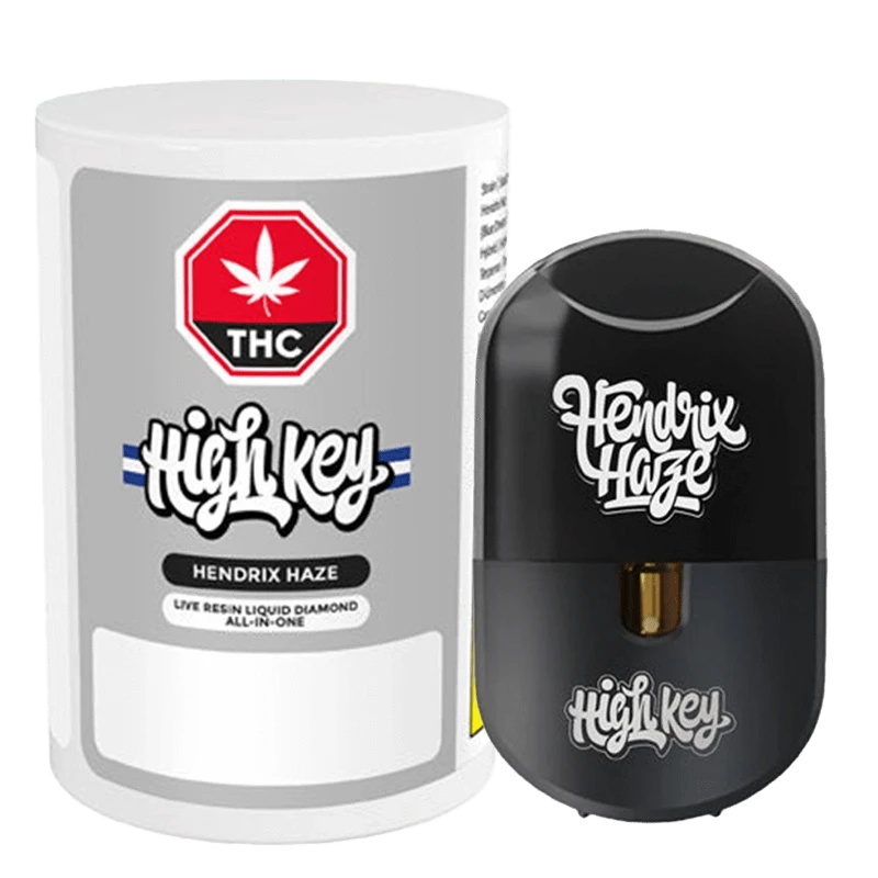 Front view of the Hendrix Haze Live Resin Liquid Diamond AIO Vape Cartridge against a blurred white background.