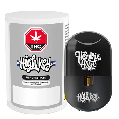 Front view of the Hendrix Haze Live Resin Liquid Diamond AIO Vape Cartridge against a blurred white background.