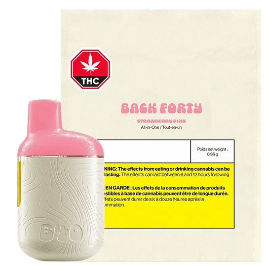 A close-up of the Strawberry Pink AIO Disposable Vape, displaying the branding and colorful design against a black background.