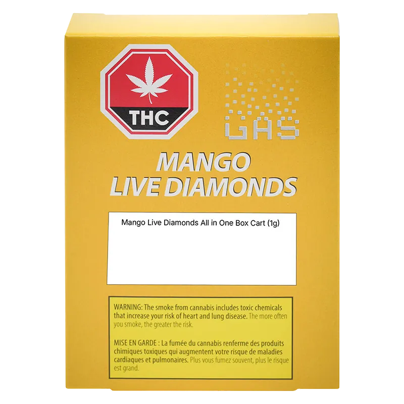 Front-facing product box photo of a yellow Mango Live Action AIO Disposable Vape package with bold "MANGO LIVE DIAMONDS" text and a THC leaf symbol.