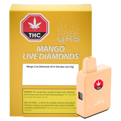 Front-right view of a peach-colored Mango Live Action AIO Disposable Vape pod standing beside its yellow "MANGO LIVE DIAMONDS" box, lit from the front.