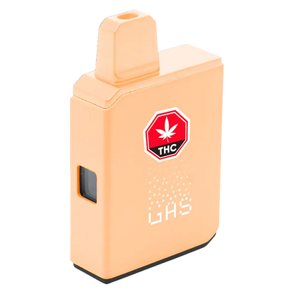 Angled front view of a peach-colored Mango Live Action AIO Disposable Vape showing its rectangular body, mouthpiece, THC logo, and small side window.