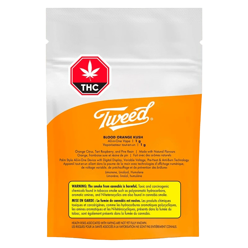 A close-up, angled view of the Blood Orange Kush Liquid Diamonds AIO Disposable Vape against a black background, showing its packaging.