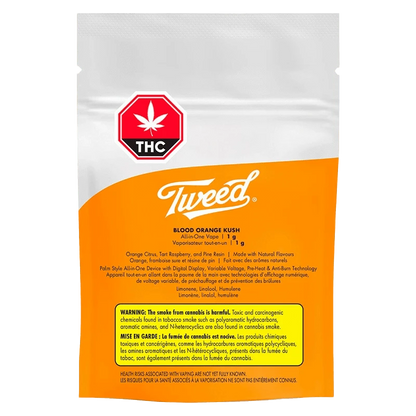 A close-up, angled view of the Blood Orange Kush Liquid Diamonds AIO Disposable Vape against a black background, showing its packaging.