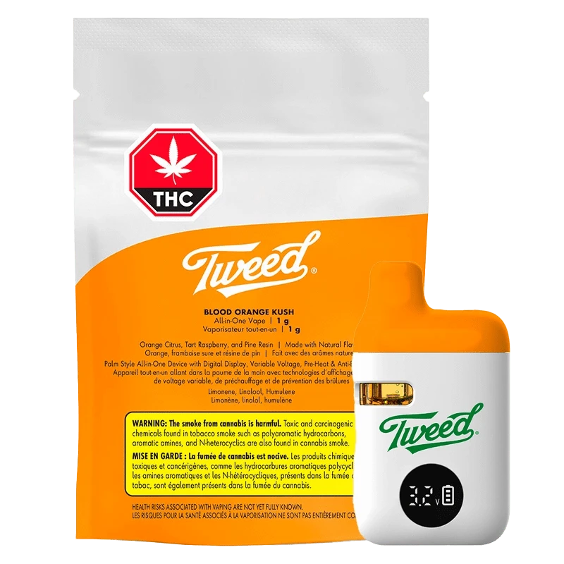 A close-up of the Blood Orange Kush Liquid Diamonds AIO Disposable Vape against a dark background, showcasing the branding and colorful packaging.