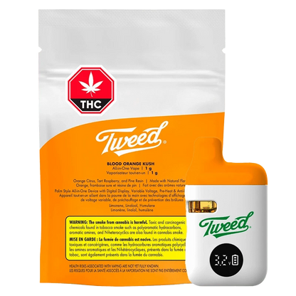 A close-up of the Blood Orange Kush Liquid Diamonds AIO Disposable Vape against a dark background, showcasing the branding and colorful packaging.