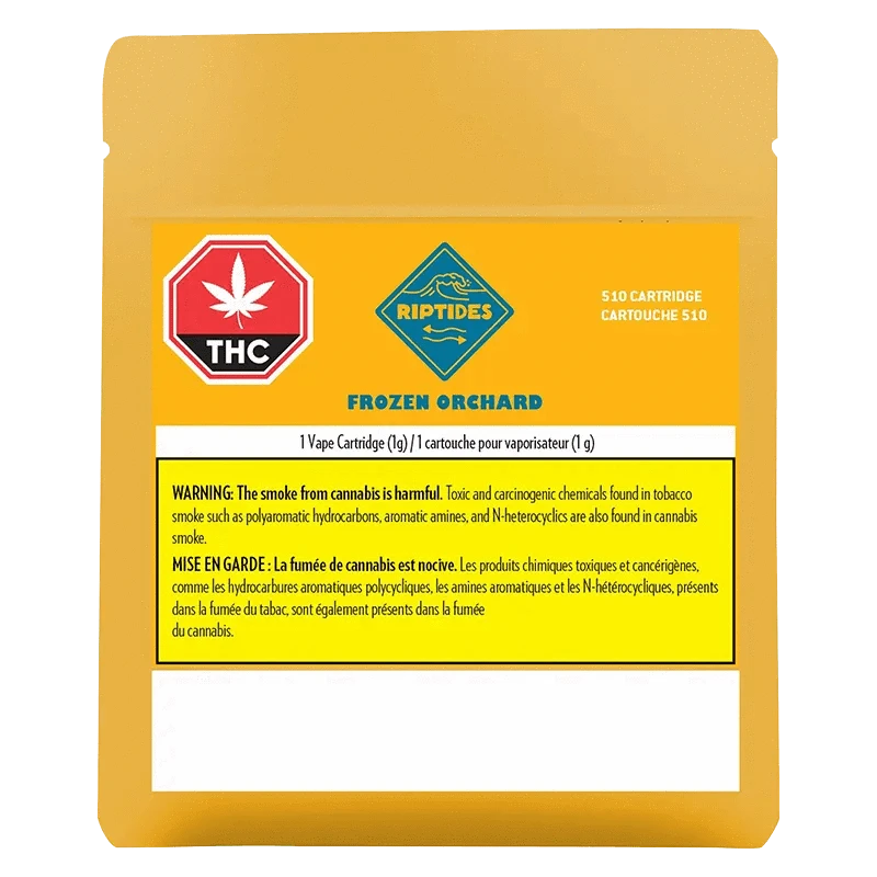 Close-up of the Frozen Orchard Vape Cartridge with a THC logo, angled against a dark background.