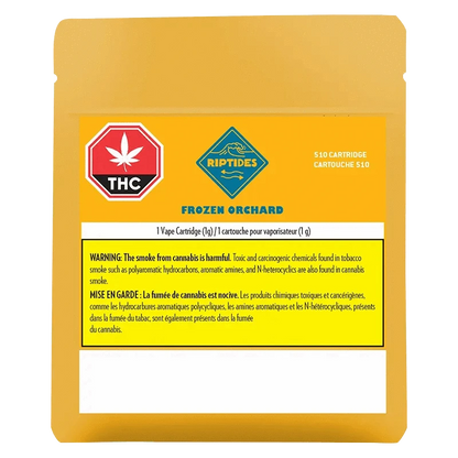 Close-up of the Frozen Orchard Vape Cartridge with a THC logo, angled against a dark background.