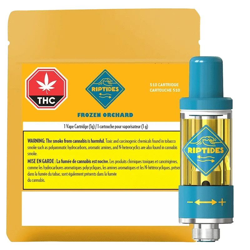 Close-up of the Frozen Orchard Vape Cartridge, showing a white label with the brand logo against a black background.