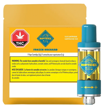 Close-up of the Frozen Orchard Vape Cartridge, showing a white label with the brand logo against a black background.