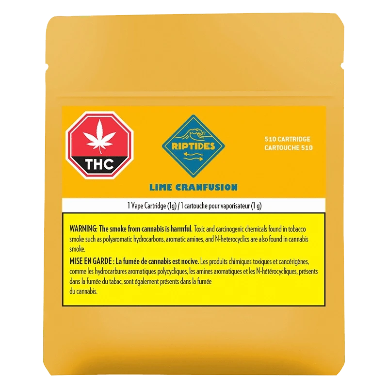 Close-up of the Lime Cranfusion Vape Cartridge with a THC symbol against a dark background.