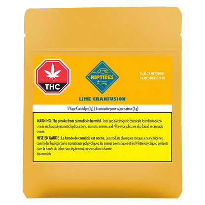 Close-up of the Lime Cranfusion Vape Cartridge with a THC symbol against a dark background.