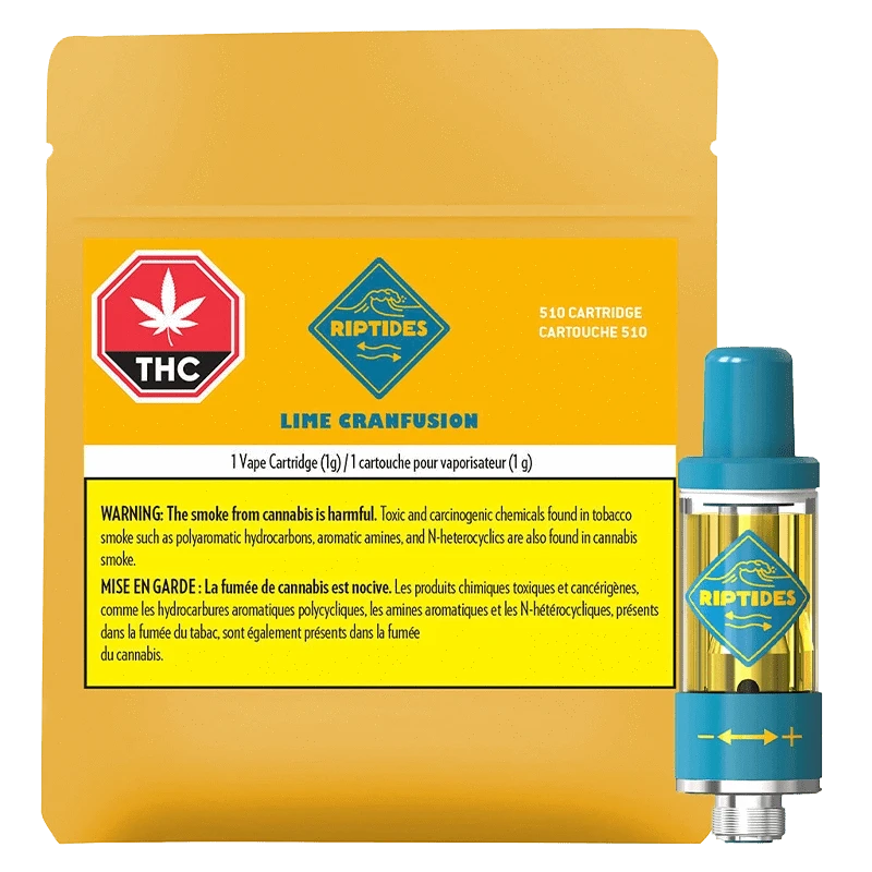 Close-up of the Lime Cranfusion Vape Cartridge with a warning label, angled slightly against a dark background.