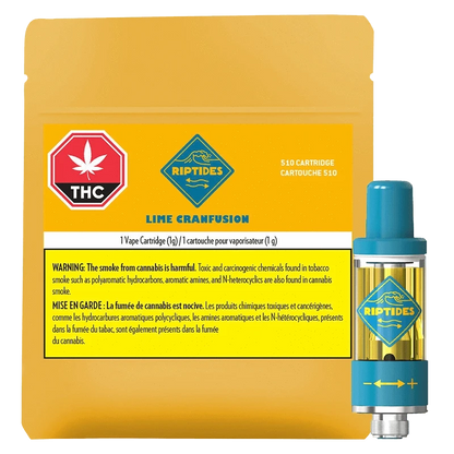 Close-up of the Lime Cranfusion Vape Cartridge with a warning label, angled slightly against a dark background.