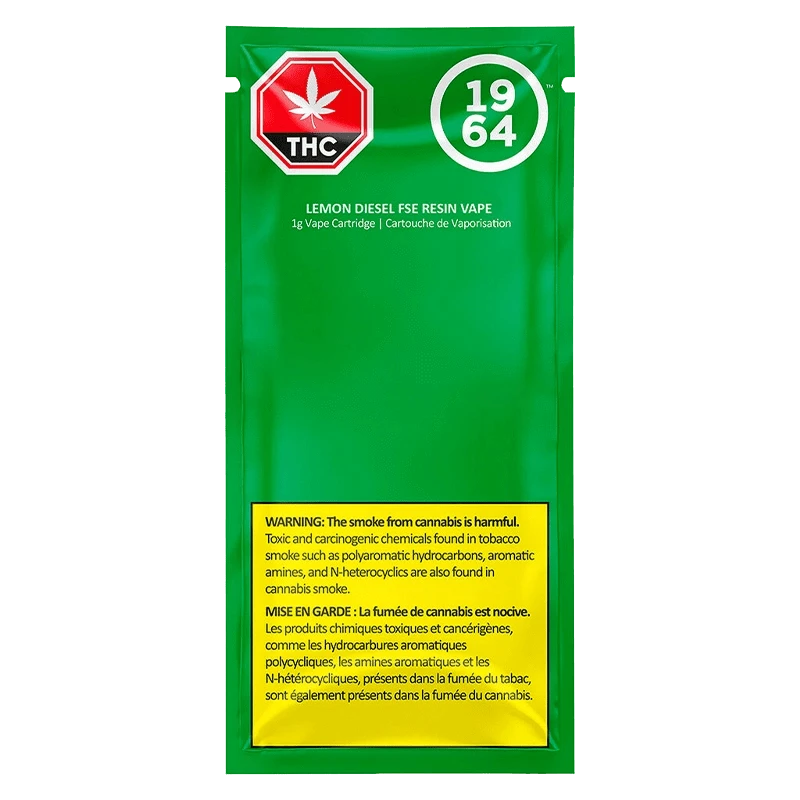 NY Lemon Diesel FSE Resin Vape Cartridge shown with a warning about toxins and the number 64 on a yellow background.